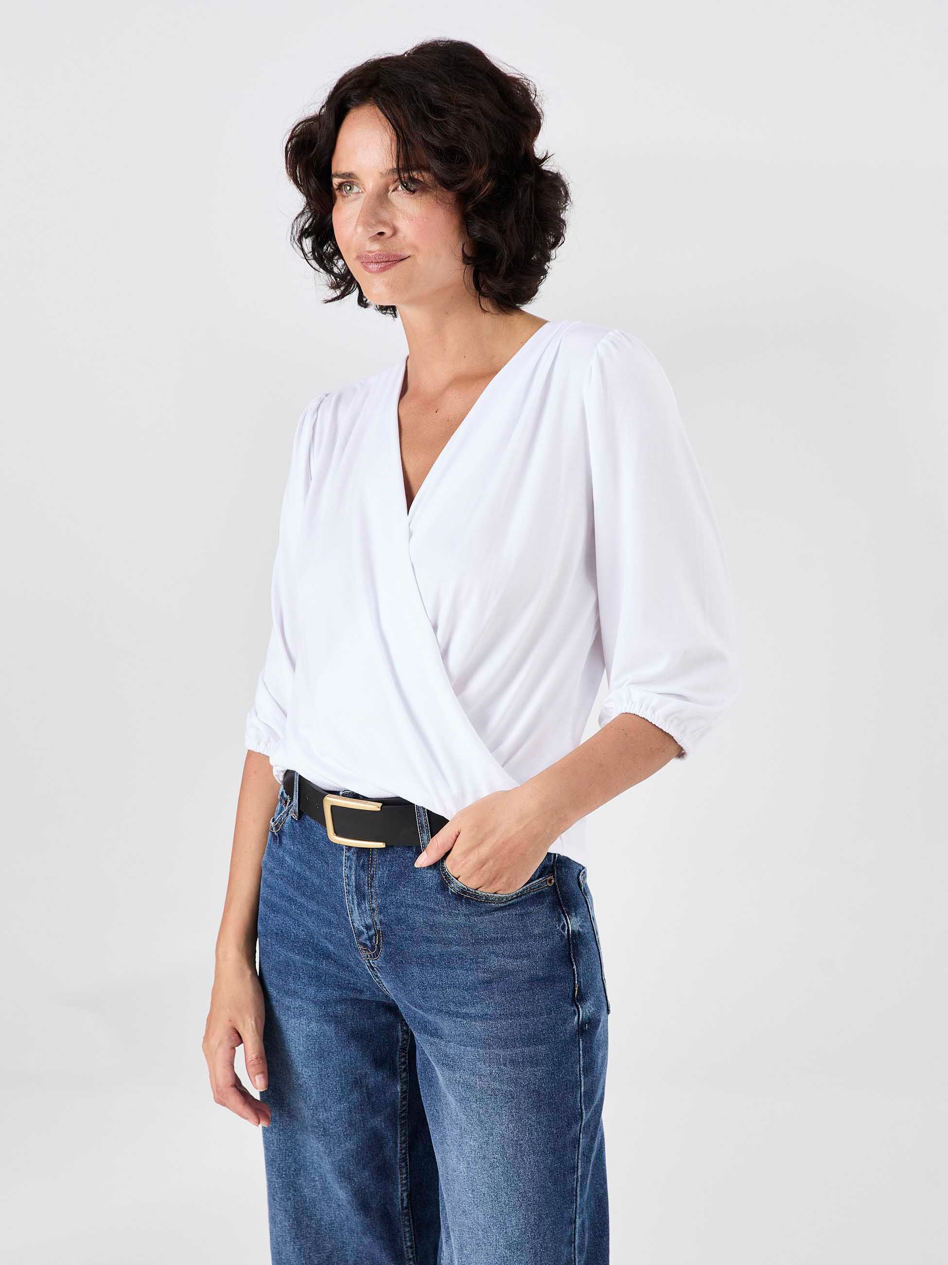 Athena 7/8 Sleeve  Drape Top - White - Image 2