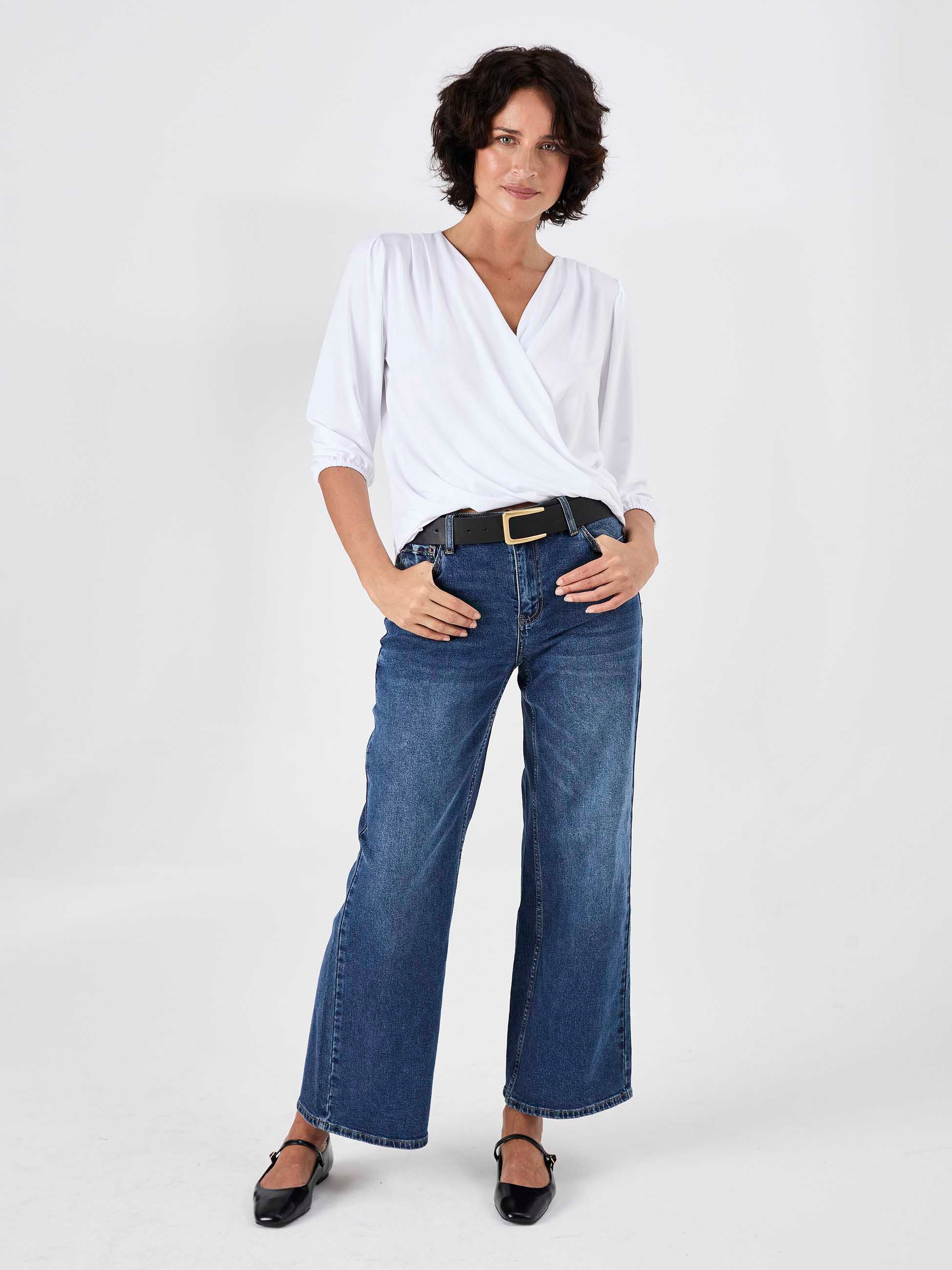 Athena 7/8 Sleeve  Drape Top - White - Image 4