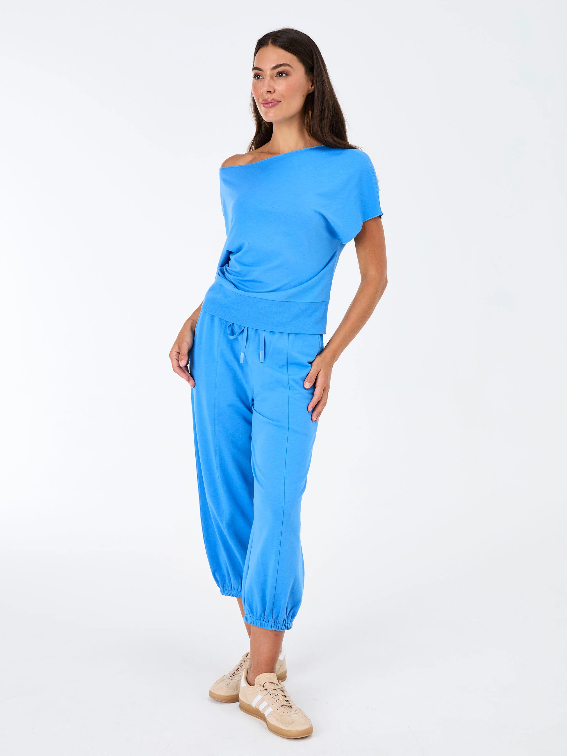 French Terry Short Sleeve Off Shoulder Sweatshirt - Cobalt - Image 2