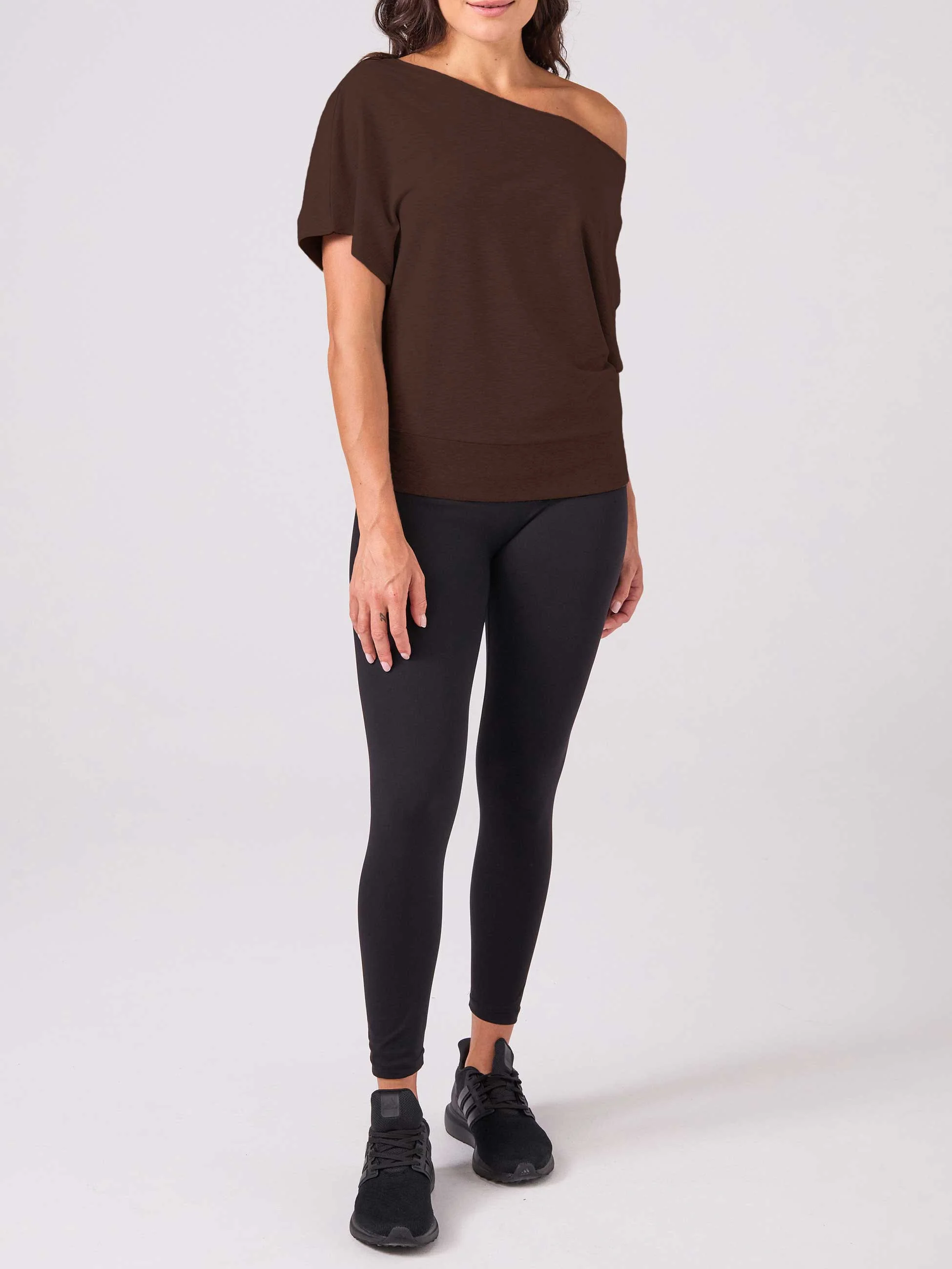 French Terry Short Sleeve Off Shoulder Sweatshirt - Coffee Bean