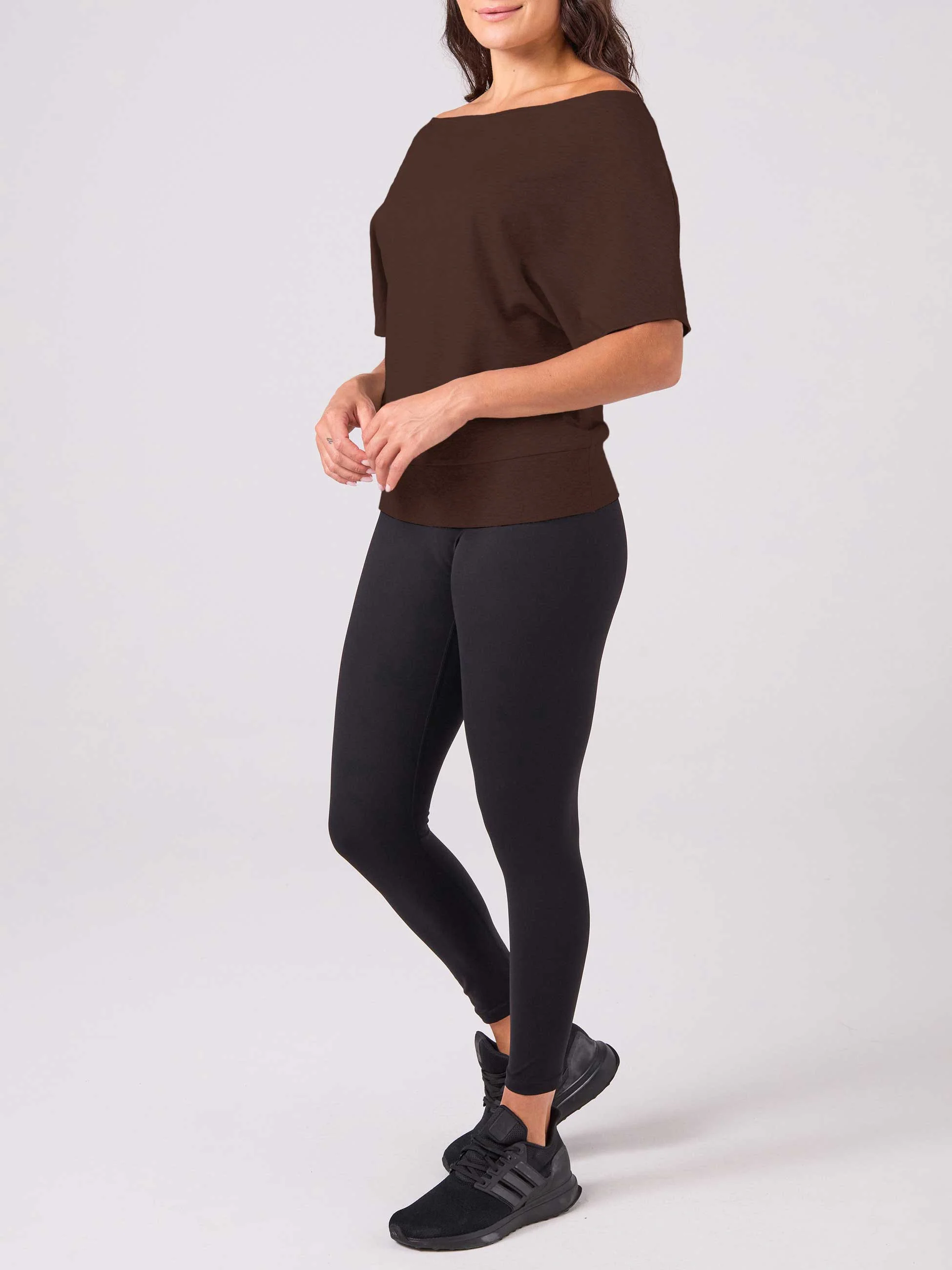 French Terry Short Sleeve Off Shoulder Sweatshirt - Coffee Bean - Image 2
