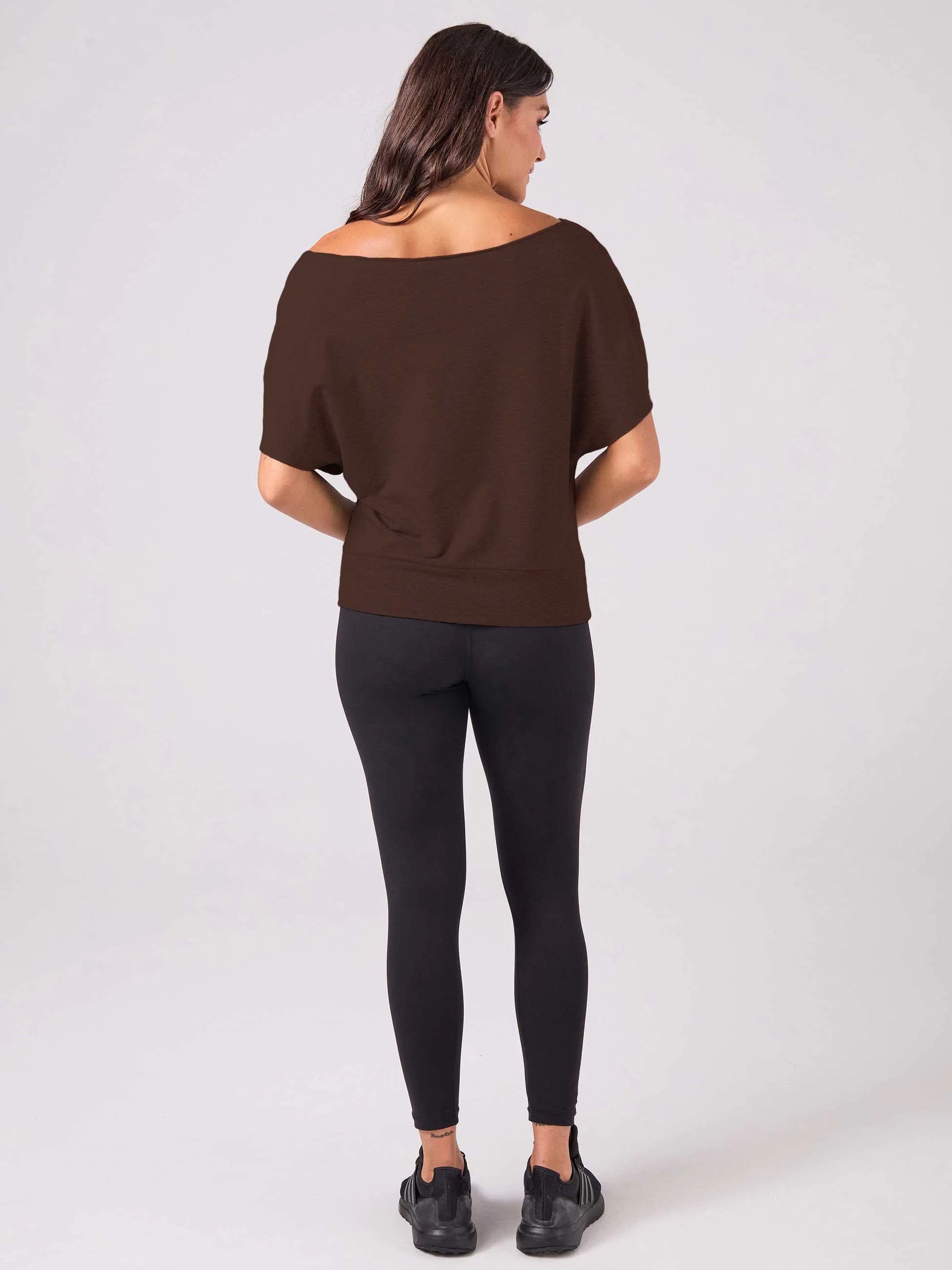 French Terry Short Sleeve Off Shoulder Sweatshirt - Coffee Bean - Image 3