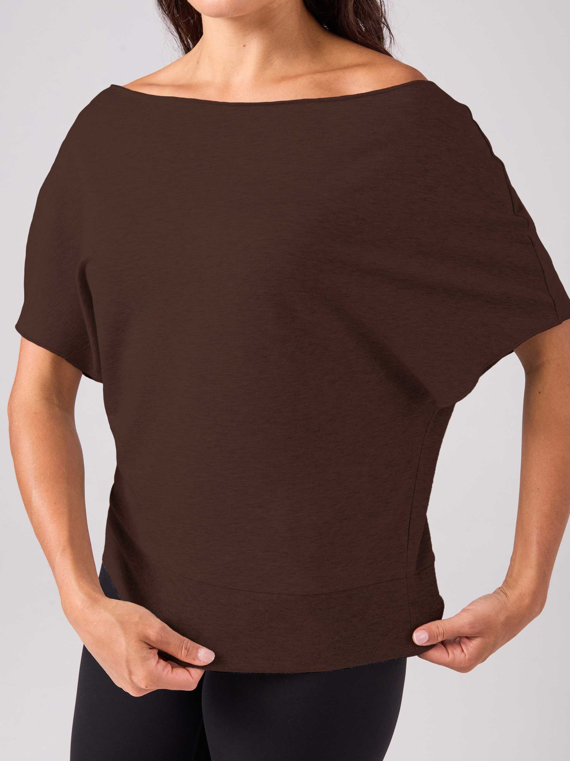 French Terry Short Sleeve Off Shoulder Sweatshirt - Coffee Bean - Image 4