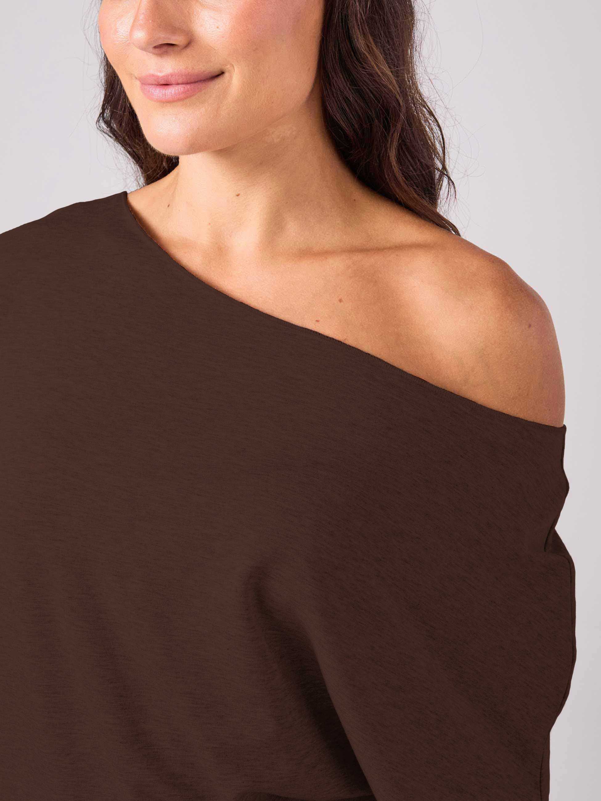 French Terry Short Sleeve Off Shoulder Sweatshirt - Coffee Bean - Image 5