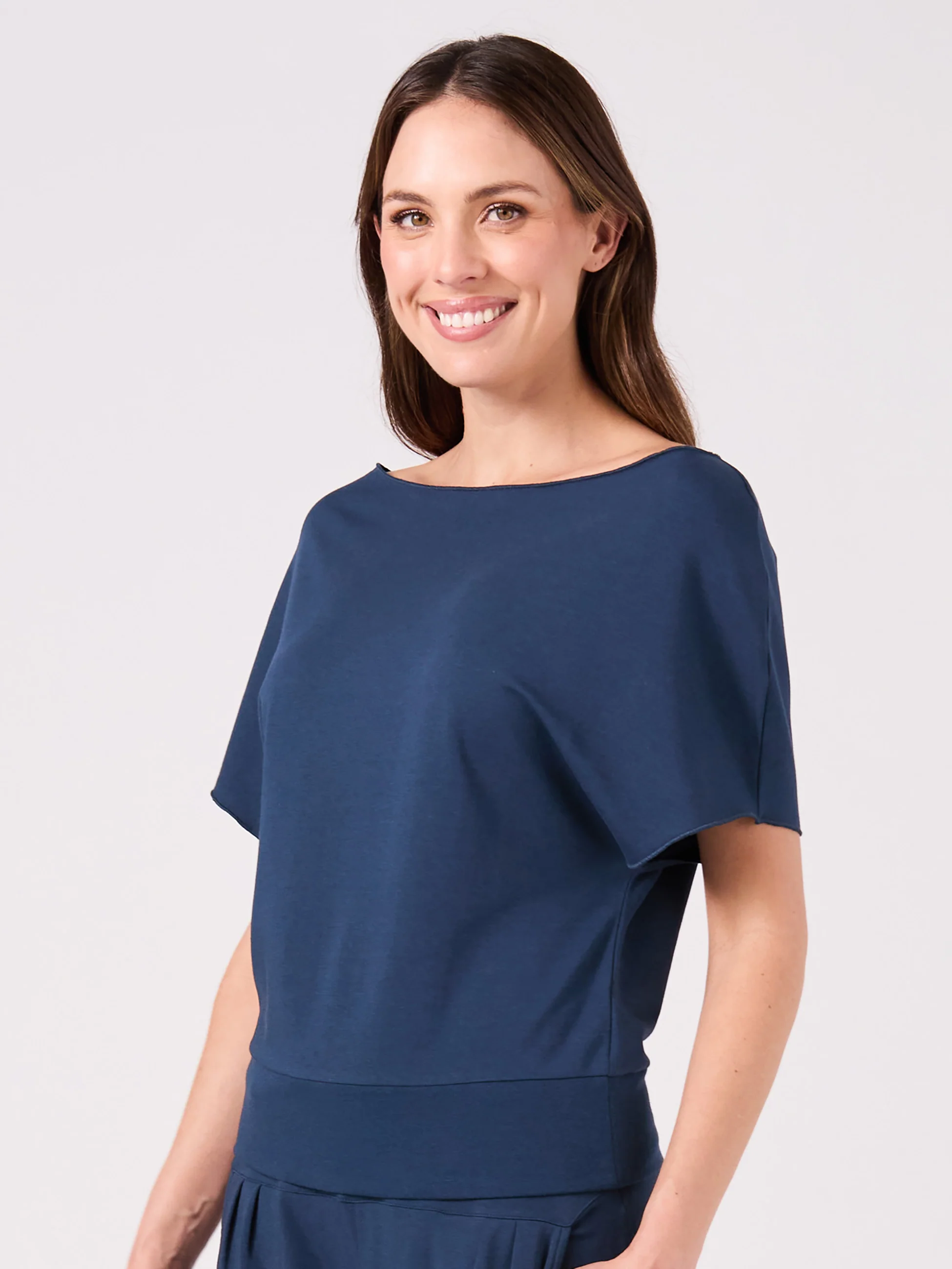 French Terry Short Sleeve Off Shoulder Sweatshirt - Navy - Image 3