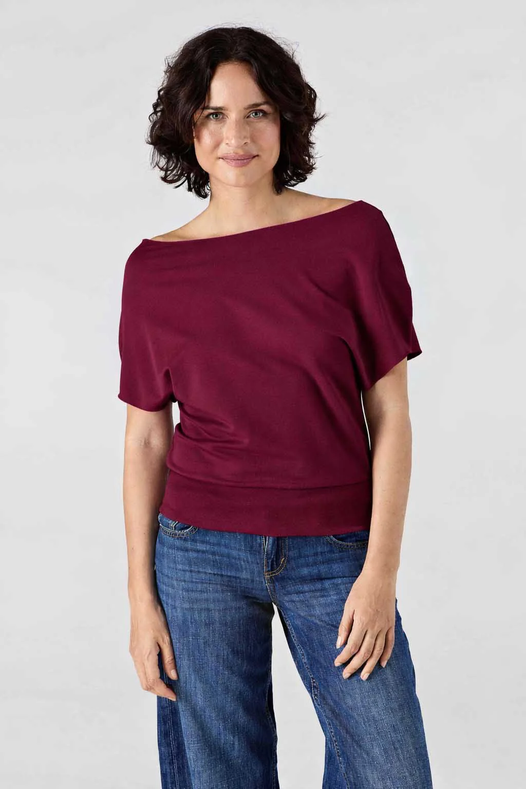 French Terry Short sleeve Off Shoulder Sweatshirt  - Ruby - Image 2
