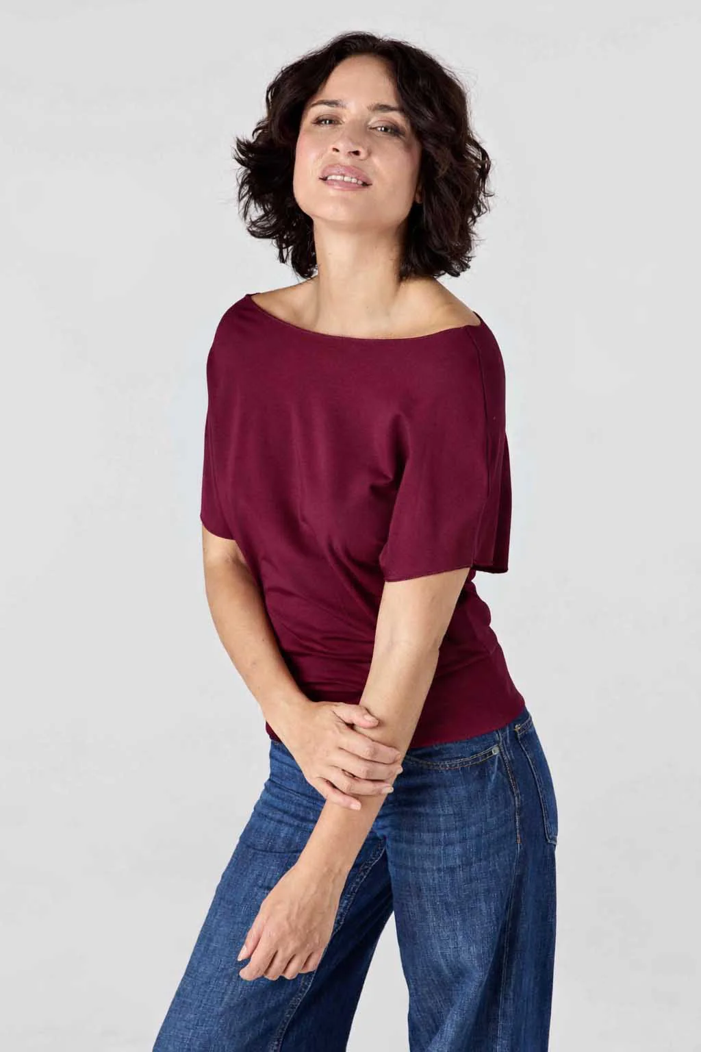 French Terry Short sleeve Off Shoulder Sweatshirt  - Ruby - Image 3