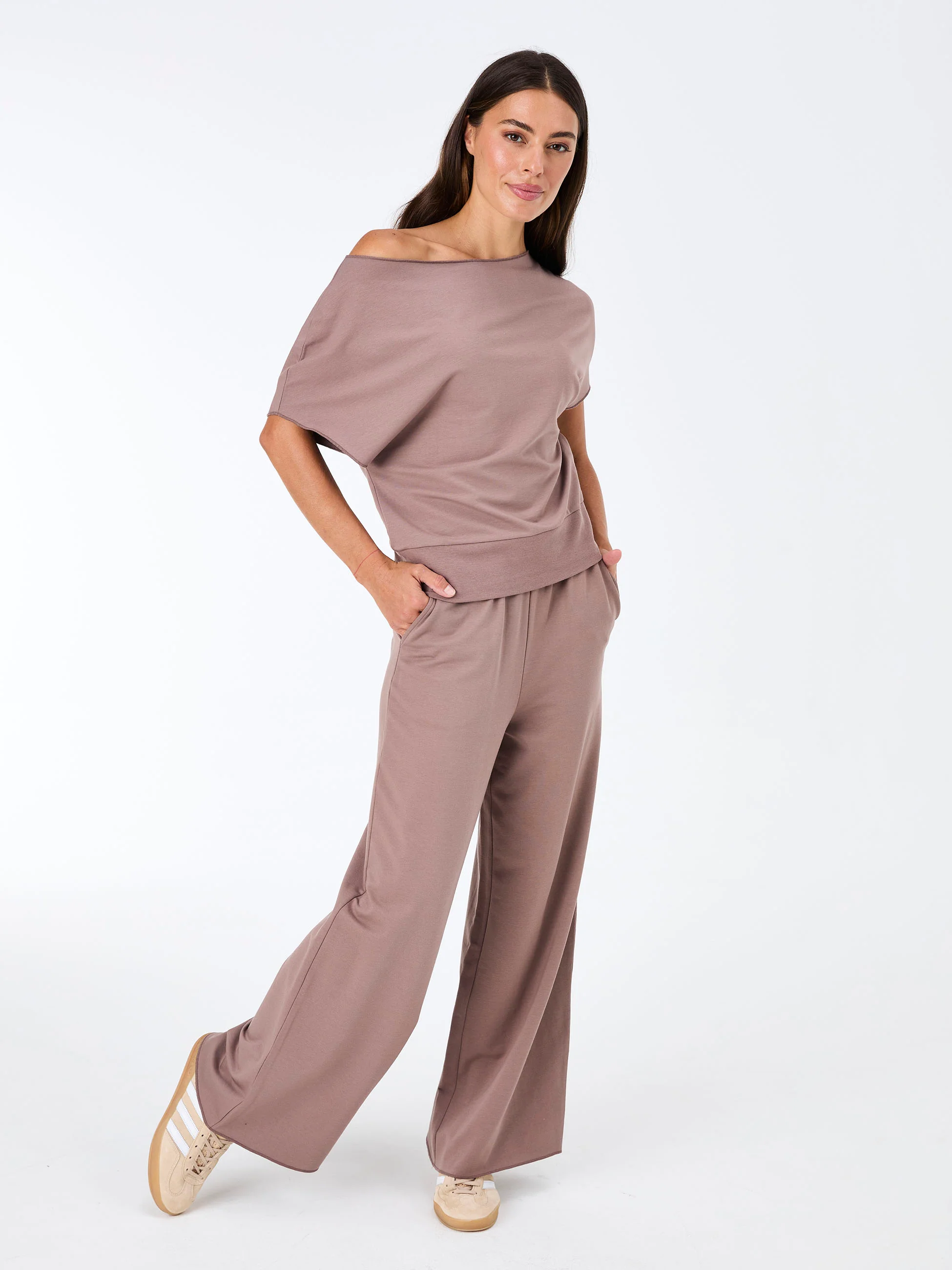 French Terry Short Sleeve Off Shoulder Sweatshirt - Taupe