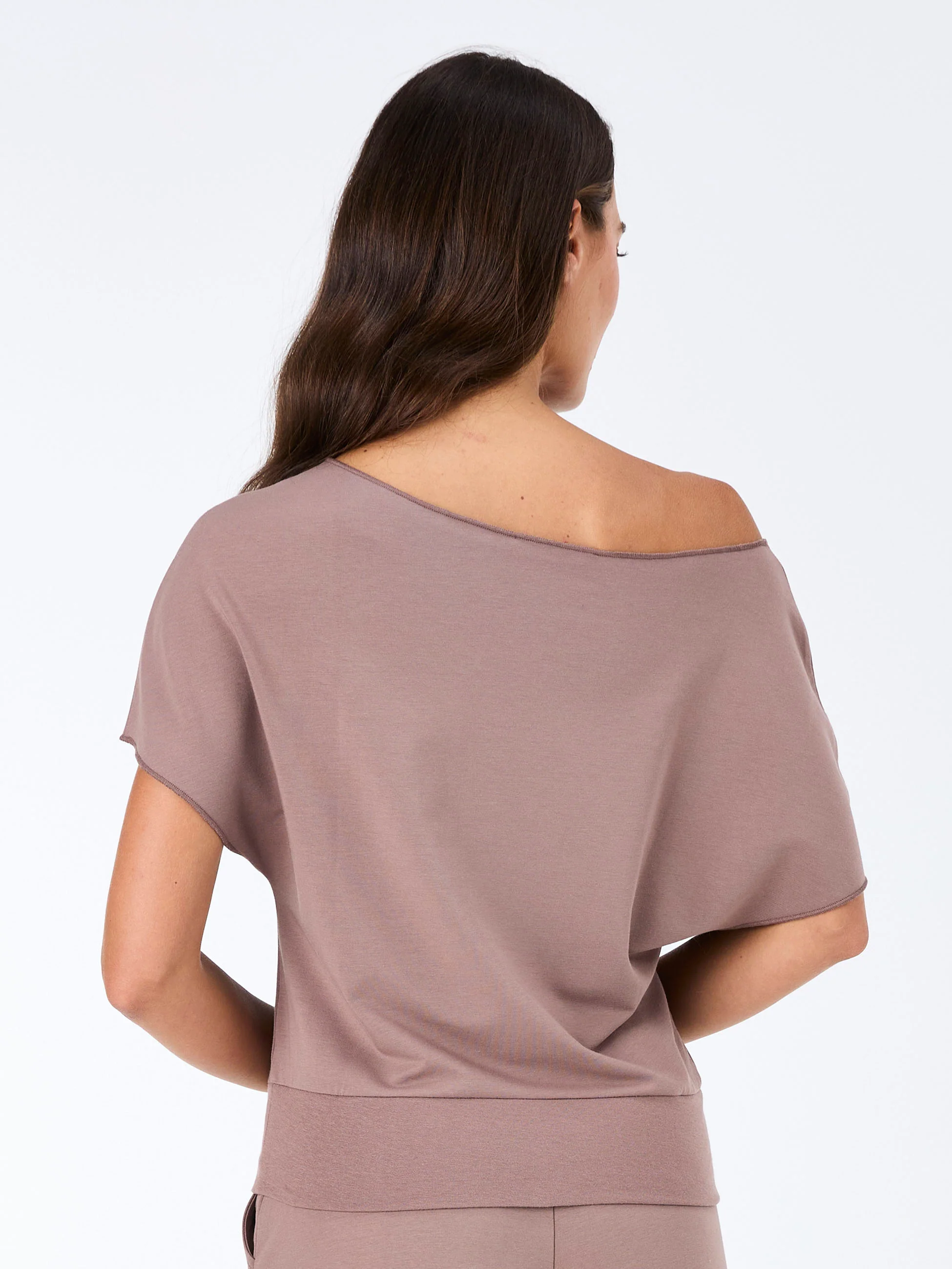 French Terry Short Sleeve Off Shoulder Sweatshirt - Taupe - Image 2