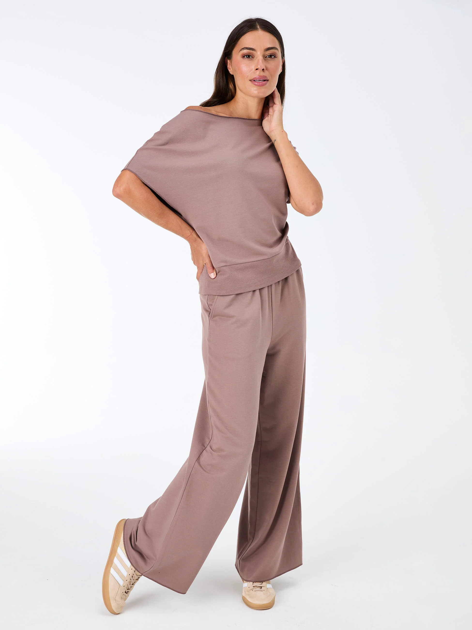 French Terry Short Sleeve Off Shoulder Sweatshirt - Taupe - Image 3