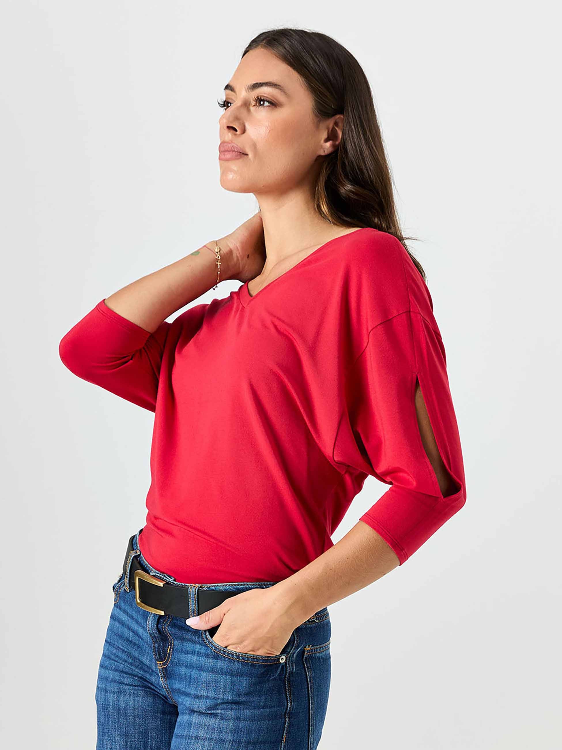 Lena 3/4 Sleeve Tee - Cherry - Image 2