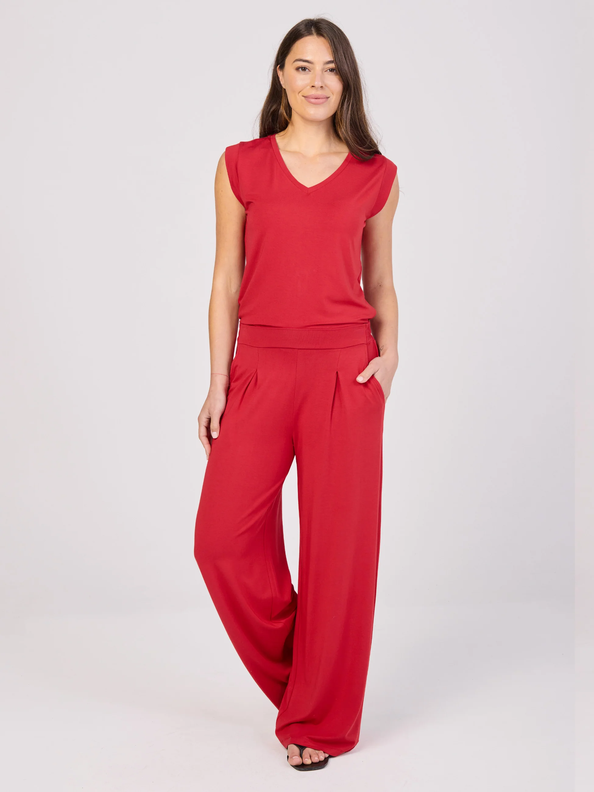 Pleat  Front Wide Leg Pants - Cherry - Image 2