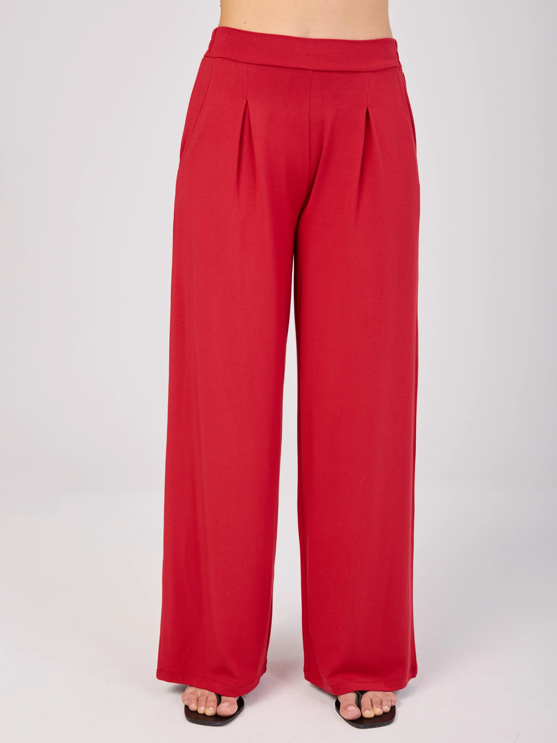 Pleat  Front Wide Leg Pants - Cherry - Image 4