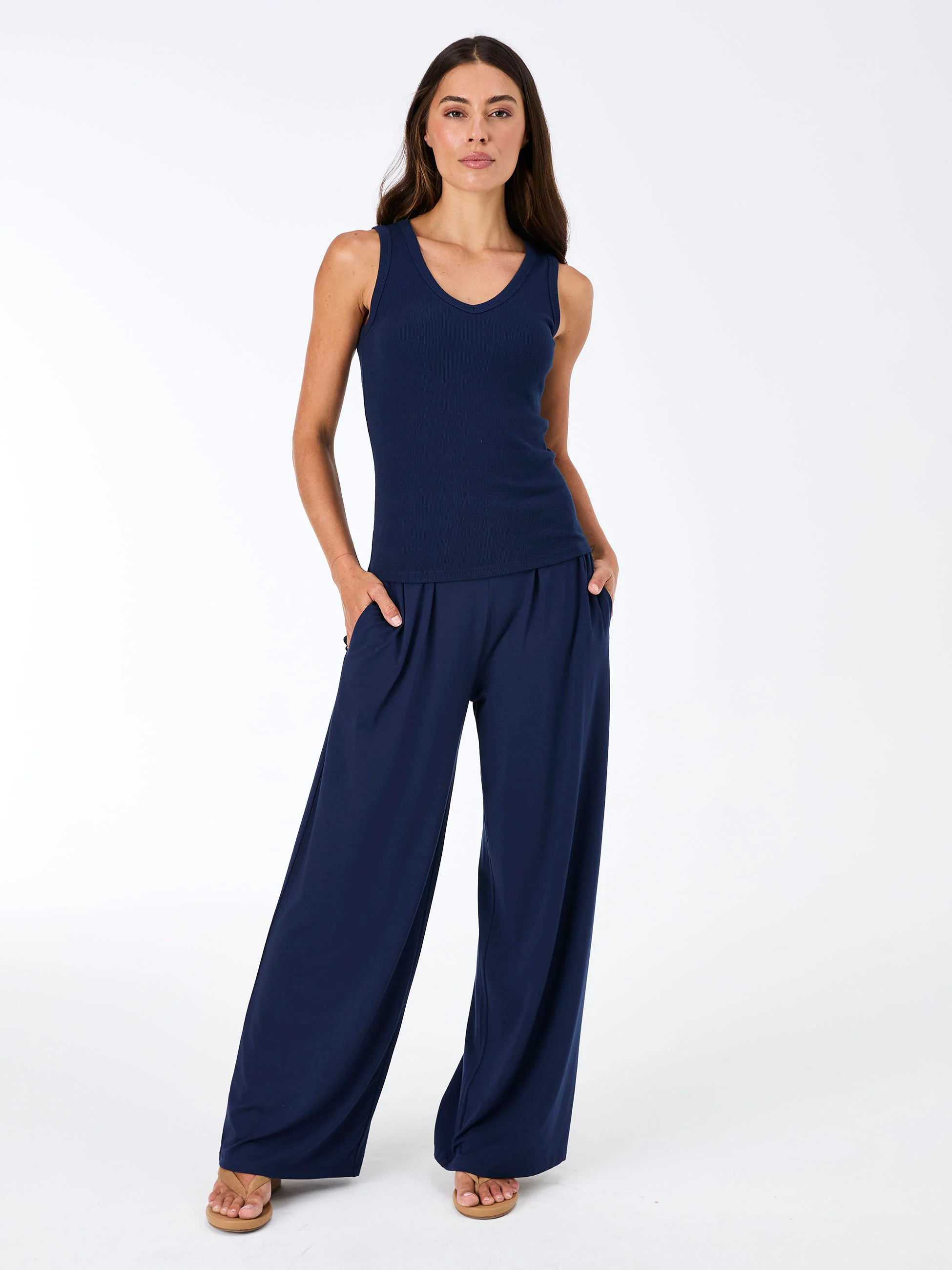 V neck Rib Tank - Navy - Image 2